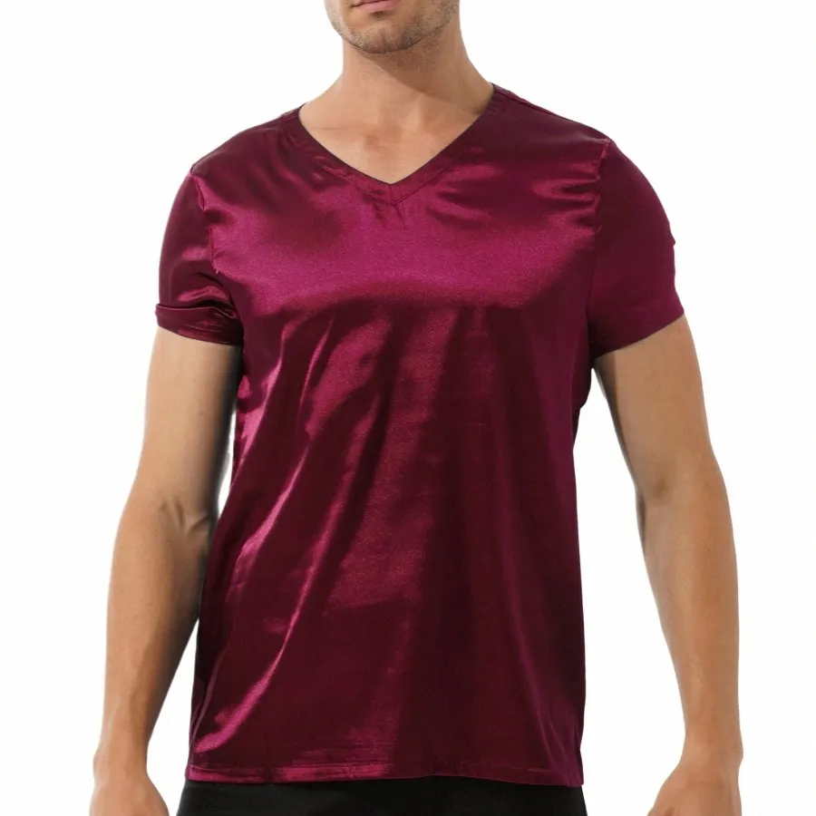 Camicia da notte in raso da uomo Crop Top T Camicia da notte Camicia da notte in tinta unita Nightdr Sleepwear Pigiama maschile Pigiama Top e2Za #