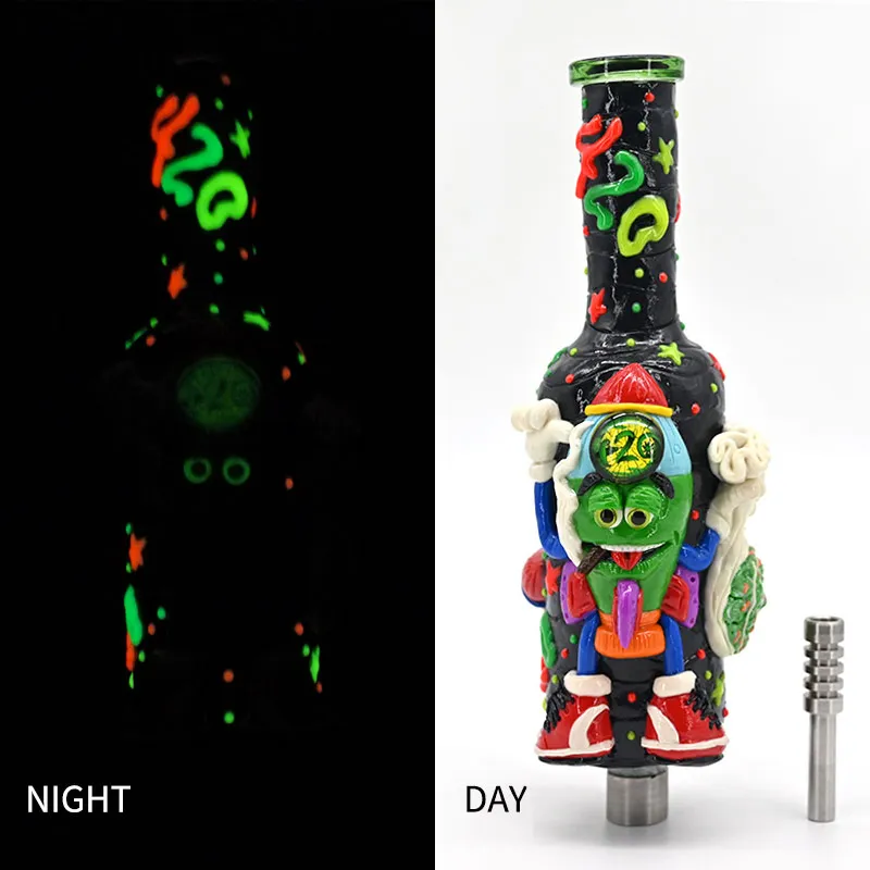 10in,Glass Bong With Cartoon 420 Rocket,Glow In Dark,Borosilicate Glass Water Pipe With One Percolator,Nectar Collector Glass Colorful NC Kit,Smoking Accessaries