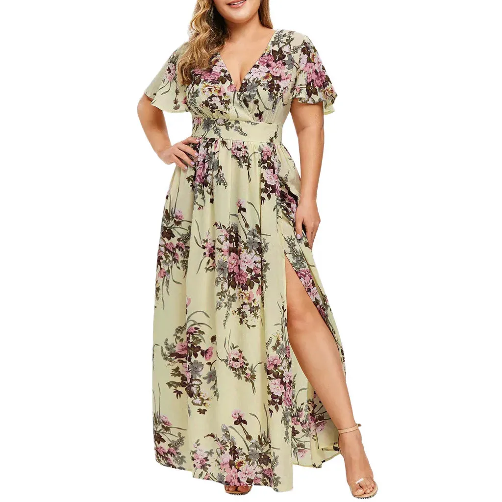 Floral impresso manga curta boho maxi vestido vintage verão plus size vestidos para mulheres 5xl elegante decote em v vestidos de verão 240311