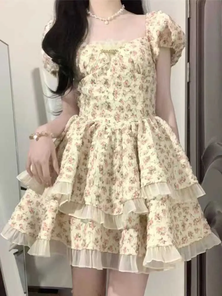 Tea break estilo francês vestido feminino verão floral high-end sentimento cintura para cima para trás oco para fora runaway princesa fofo bolo saia