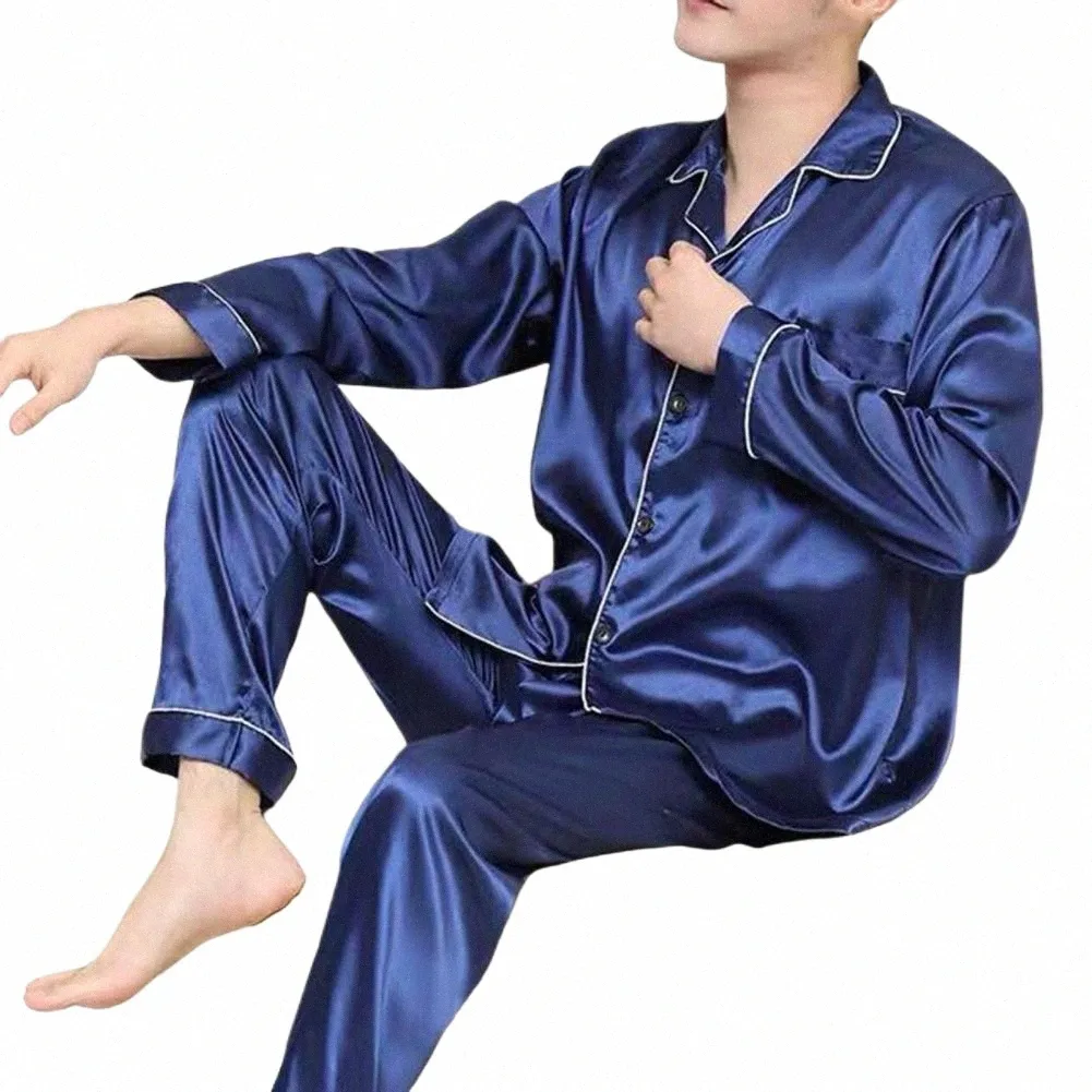 Mannen Pyjama Set Elegante Satijnen Heren Pyjama Set met Revers Opgezette Zak Zacht Wijde Pijpen Homewear voor Herfst Lente Nachtkleding Mannen M7He #