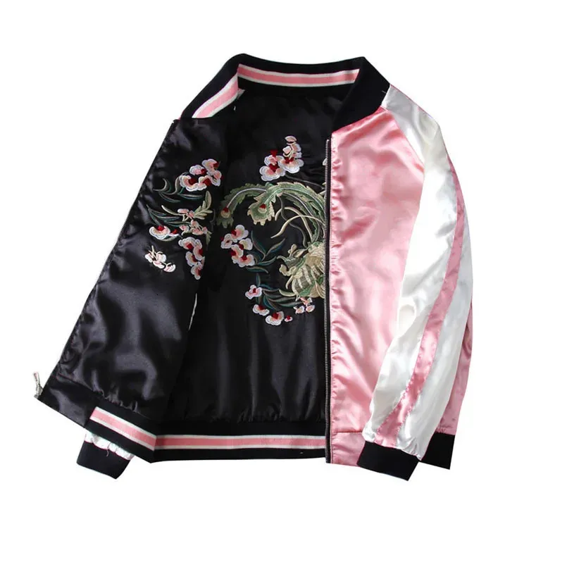 Satin Yokosuka Sukajan broderie veste de baseball femmes double face femme bombardier manteau floral harajuku automne japon filles 240320