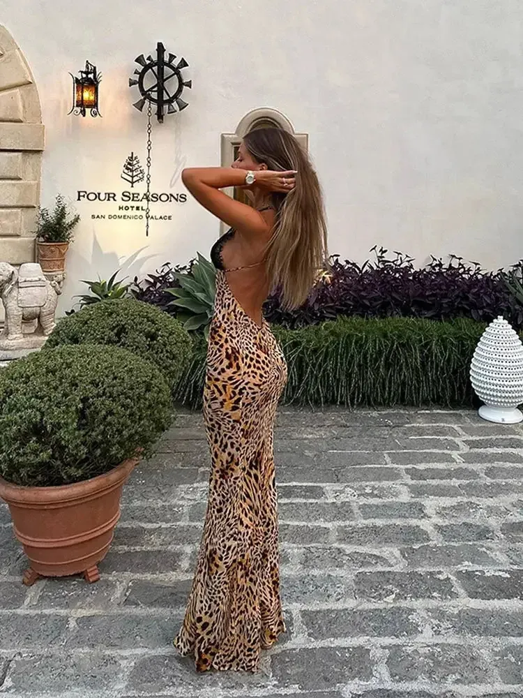 Elegant Women Halter Lace Leopard Print Maxi Dresses Long Dress Fashion Backless Sleeveless Female Party Evening Vestido 240320