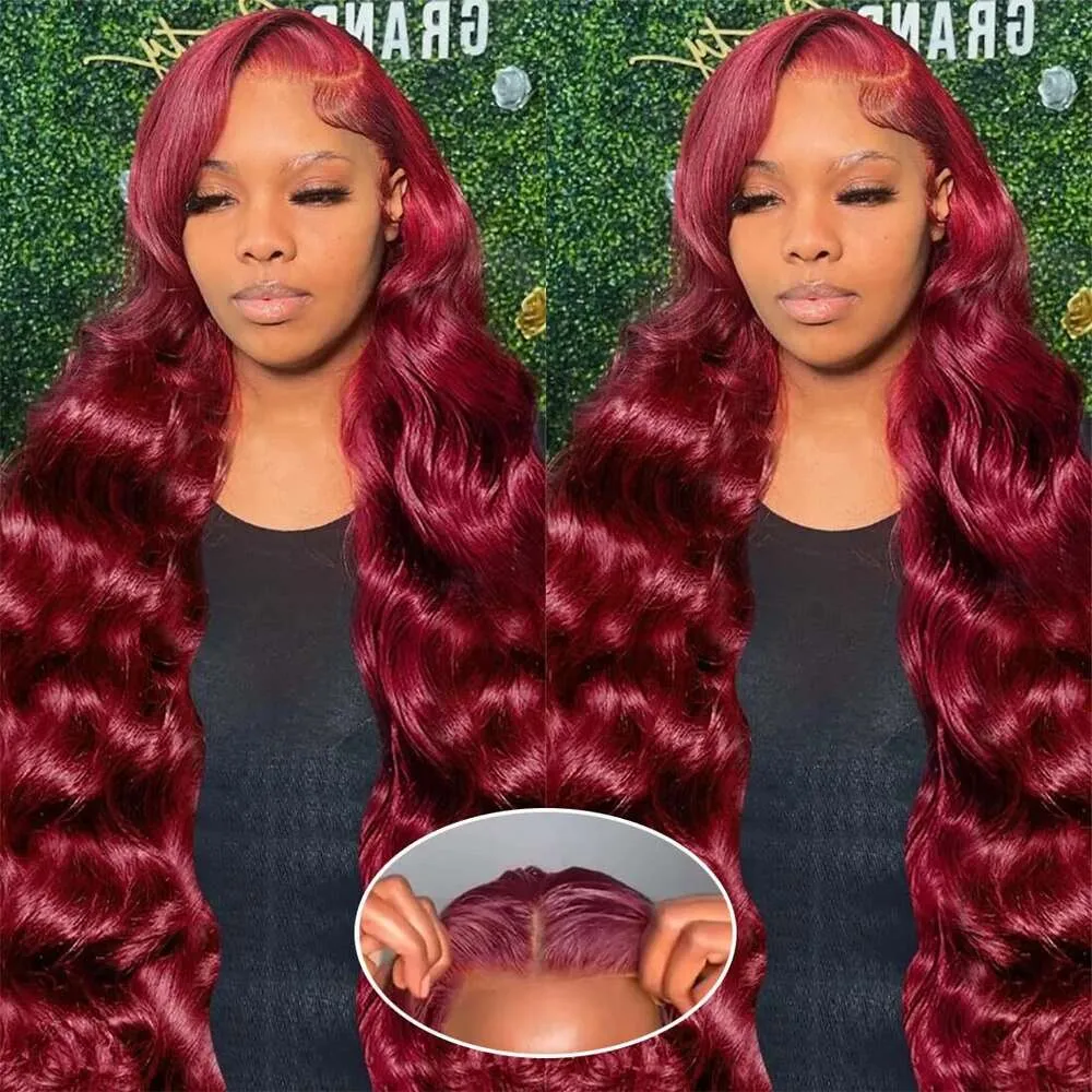 Jewhaut Wear and Go Glueless Plucked Pre Cut Nybörjare 99J Bury Front Upgraded No Lim 5x5 HD Body Wave Spets Closure Wigs Human Hair For Women 24 Inch