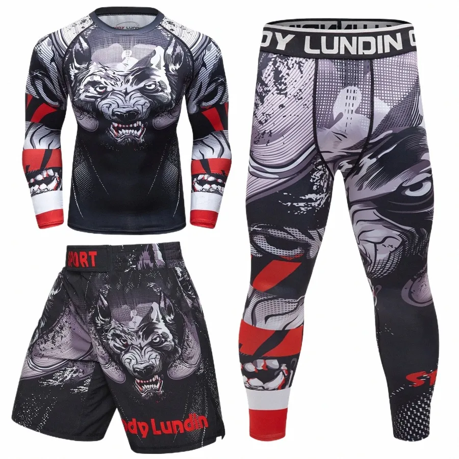 Wolf Baskı Yeni Fitn Sıkı T-Shirt Erkekler Compri 4pcs/Sets Sportswear MMA RGuard Erkek Tayt Spor Salonu Vücut İnşa R Setleri A845#