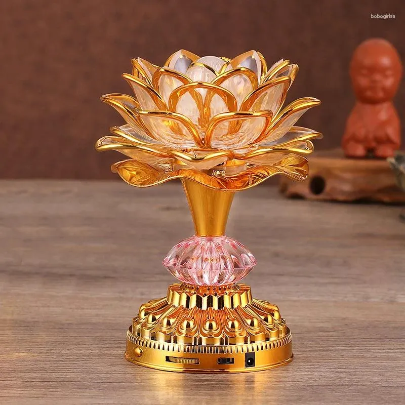 Dekorativa figurer Lotus Flower Lights Buddha Bright Lamp Led Colorful Light Lanterns Prayer Machine Goddess Buddhist Music Temple