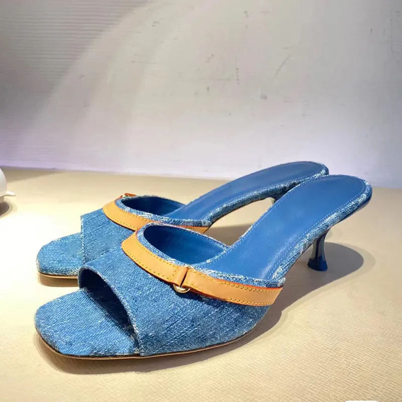 women kitten heel designer slippers runway 2024 spring summer new arrive high quality denim female high heel mules outside wear daily outfit dress slippers