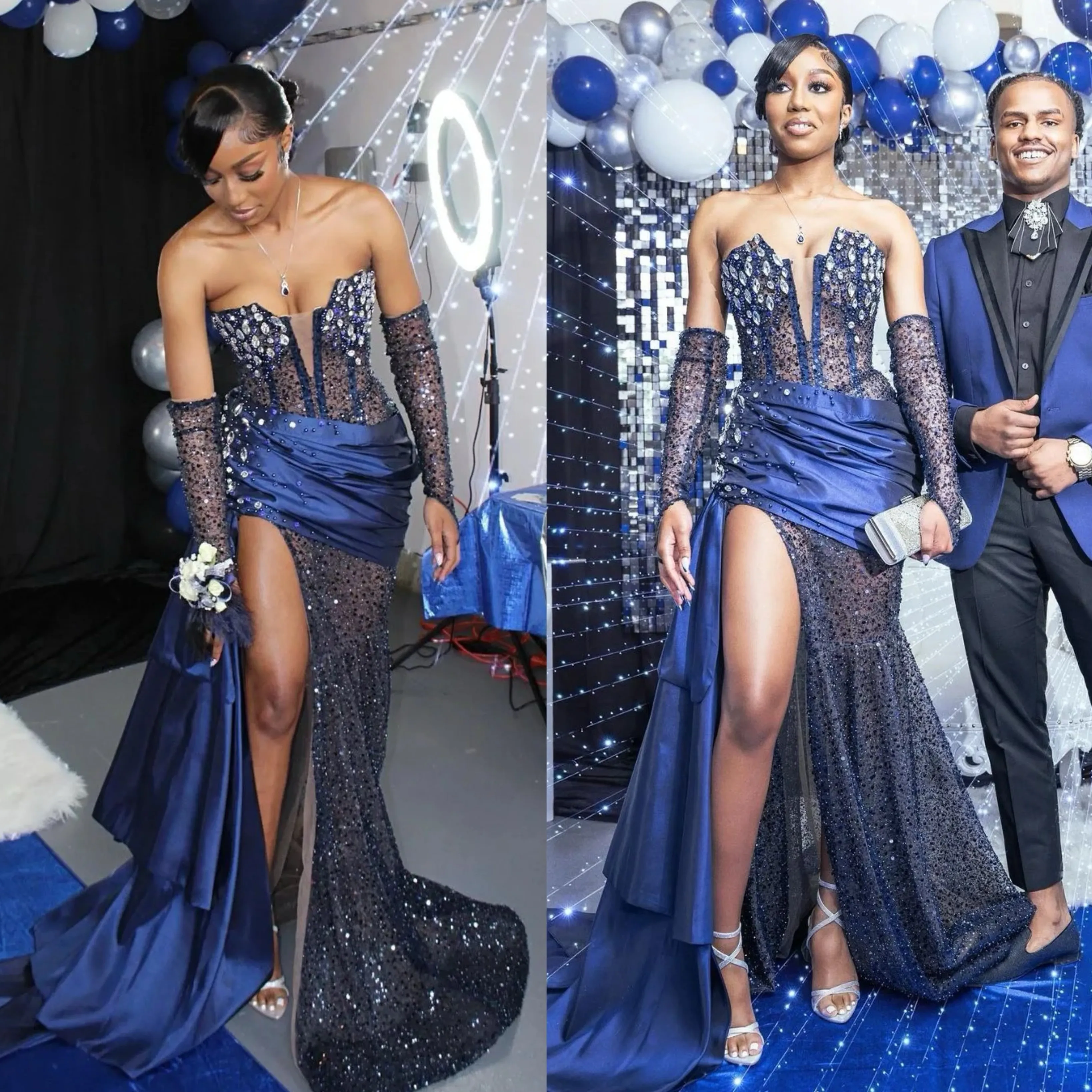 Robes de soirée sirène bleu marine élégantes pour fille noire sans bretelles haute fente strass paillettes robe de bal robes sur mesure pour occasion spéciale