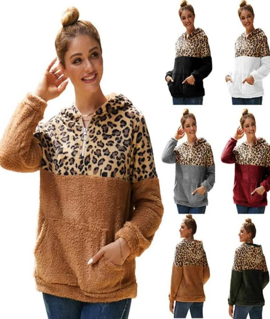 Kvinnor Sherpa Hoodies Sweatshirts Designer Autumn Winter Patchwork Leopard Furry Hoodie Double Sides Plush Hooded Sweater Blue To9504102