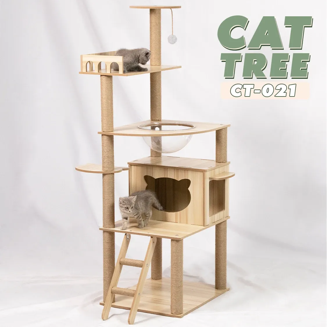 Scratchers 158cm 62.2 '' Tall Luxury Modern Cat Tree Tower Pets Scratching House Posts Trä Stor rymdkapsel Lägenhet