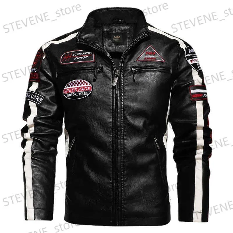 Men's Leather Faux Leather Autumn Winter Flce Mens Motorcycle Leather Jacket Embroidery Racing Coat Windbreaker Outwear Faux Leather Biker Jacket T240326