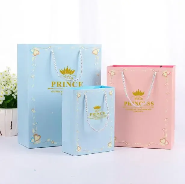 Frame 10pcs/lot Baby Shower Party Kids Favors Prince Princess Pink Blue Crown Theme Paper Hand Bags Birthday Decorate Gifts Bags