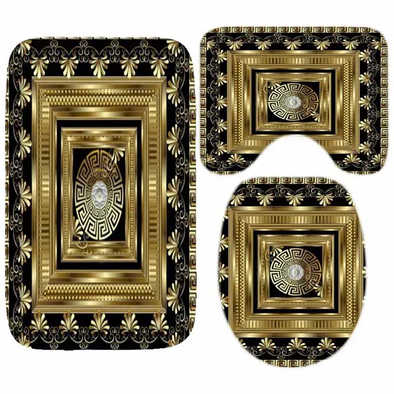 Matten 3PCS Luxus Schwarz Gold Griechischen Schlüssel Muster Bad Teppich Set Geometrische Mäander Badezimmer Matte Boden Teppich WC Zubehör wohnkultur