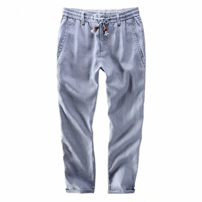 Nouveauté hommes 100% lin cheville longueur pantalons hommes été solide lin hommes pantalons 30-40 taille pantalon ample hommes pantal hombre B8gl #