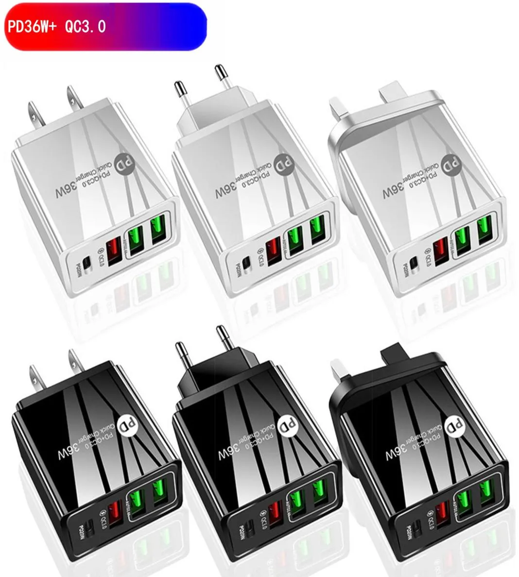 Charge rapide rapide 36W PD chargeur mural 4 ports USB chargeurs USBC Type c adaptateurs d'alimentation EU US UK pour Iphone 11 12 13 14 Pro Max S8439284