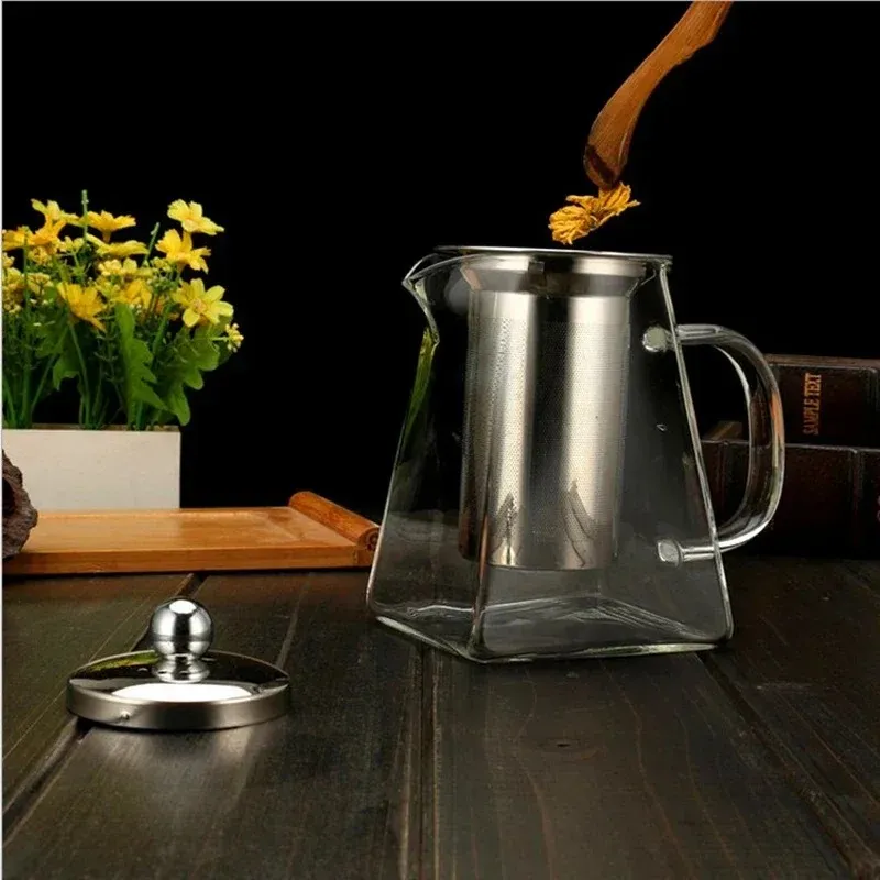 Hitzebeständige Glas -Teekanne mit Edelstahl -Infuser -Heizbehörde Tea Topf Gute klare Kessel -Quadratfilterkörbe