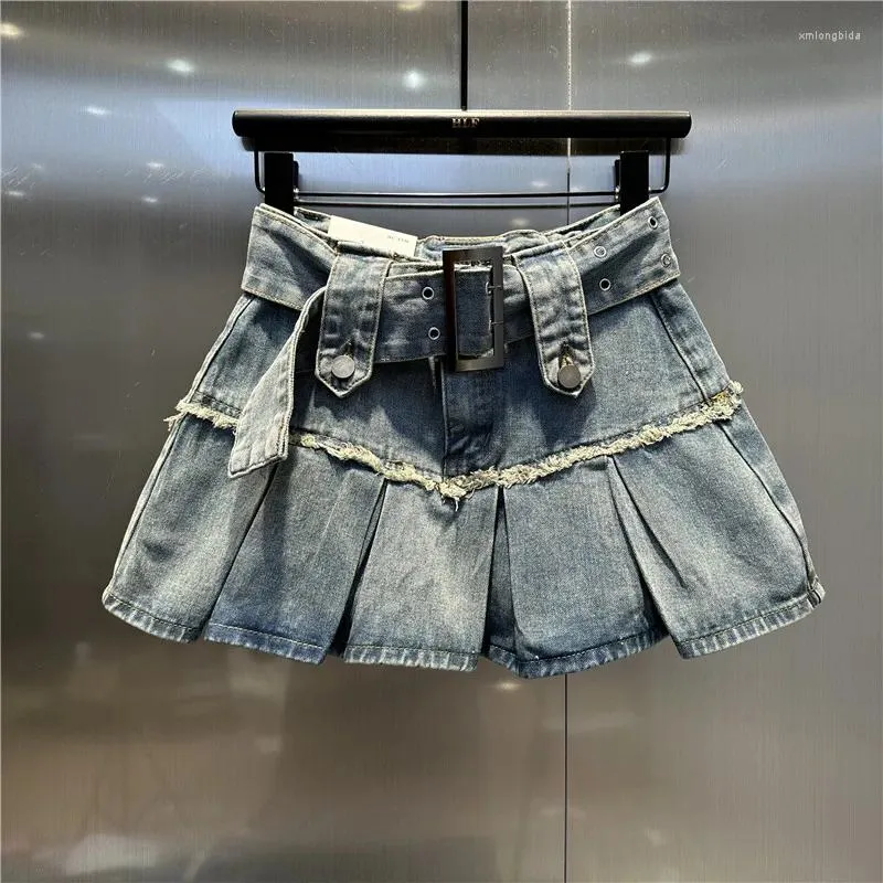 Saias 2024 Primavera Verão Denim Saia Plissada Mulheres Cintura Alta Slim A-Line Mini Q614