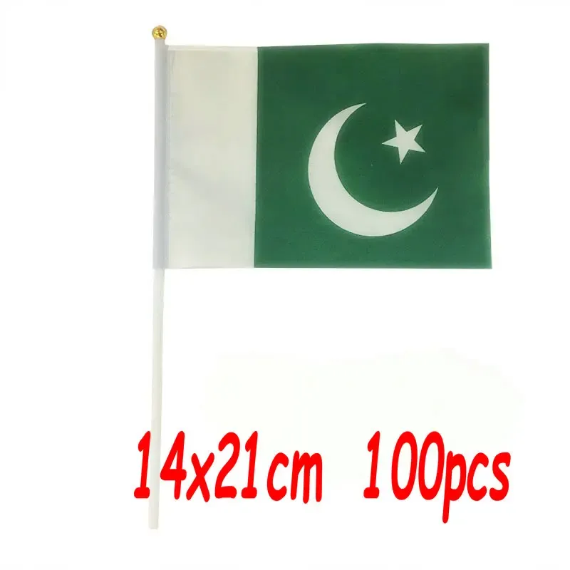 Accessori ZXZ 100 pezzi Bandiera a mano Pakistan 14 * 21 cm Poliestere Stampa fronte-retro PK Pakistan Bandiera sventolante a mano con pennone in plastica