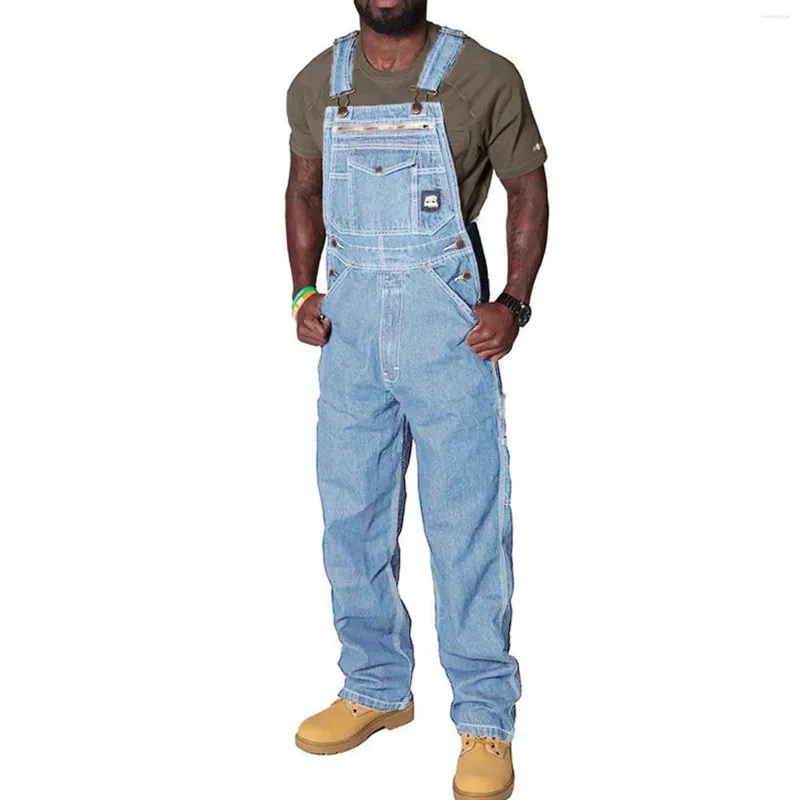 Mäns jeans streetwear fast färg denim bib overall casual dag jumpsuit mode manlig suspender långa byxor