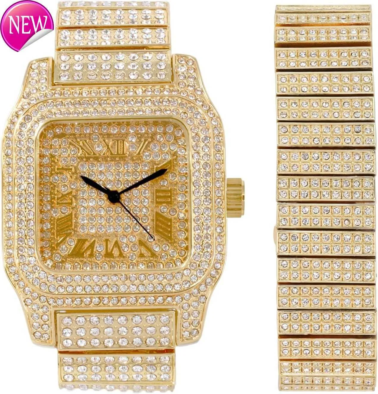 Techno Pave Mens 45 mm Square Ice Diamond Watch - Full Ice Case Roman Dial - Sparling Regulowany pasek - Ruch kwarcowy