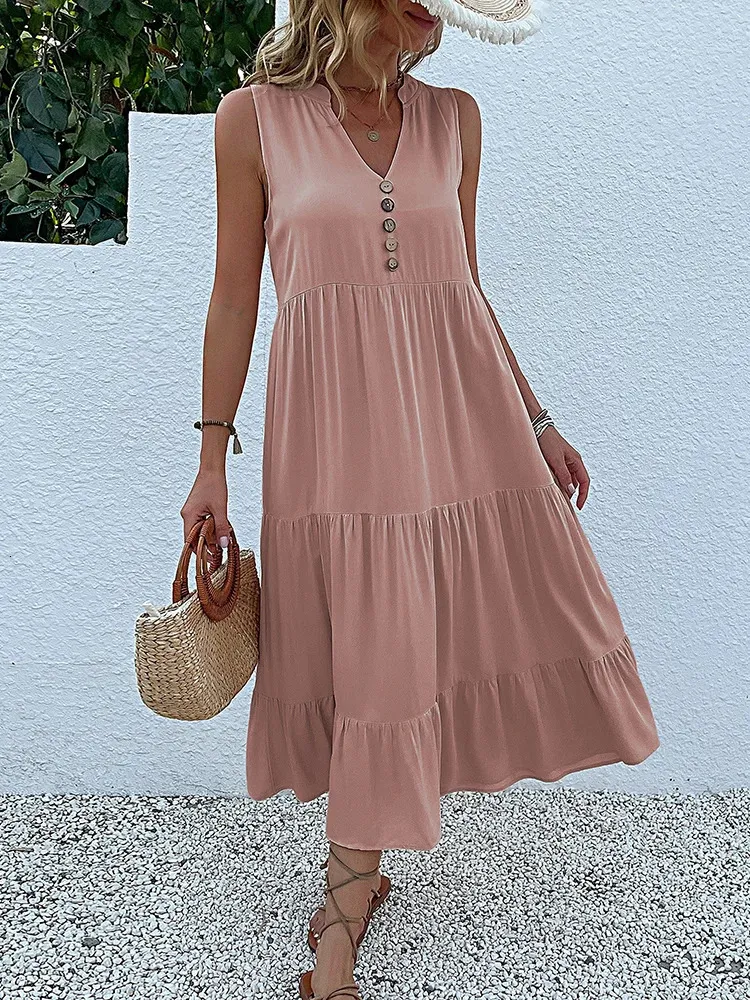 Jim Nora Casual Summer Midi Dress Women Sleeveless Tank V Neck Button Ruffle Loose Dresses Beach Soild Sundress Fashion 240320