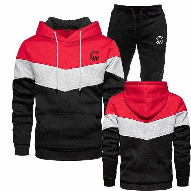 men's sportswear set trend new three color hoodie 2-piece set hooded sweatshirt+sports pants sportswear jogging set e83J#