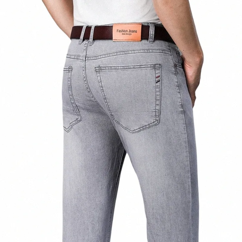 Брендовые мужские летние тонкие джинсы Fi Удобные эластичные брюки Busin Прямые повседневные джинсовые брюки Светло-серые синие брюки A5dd #