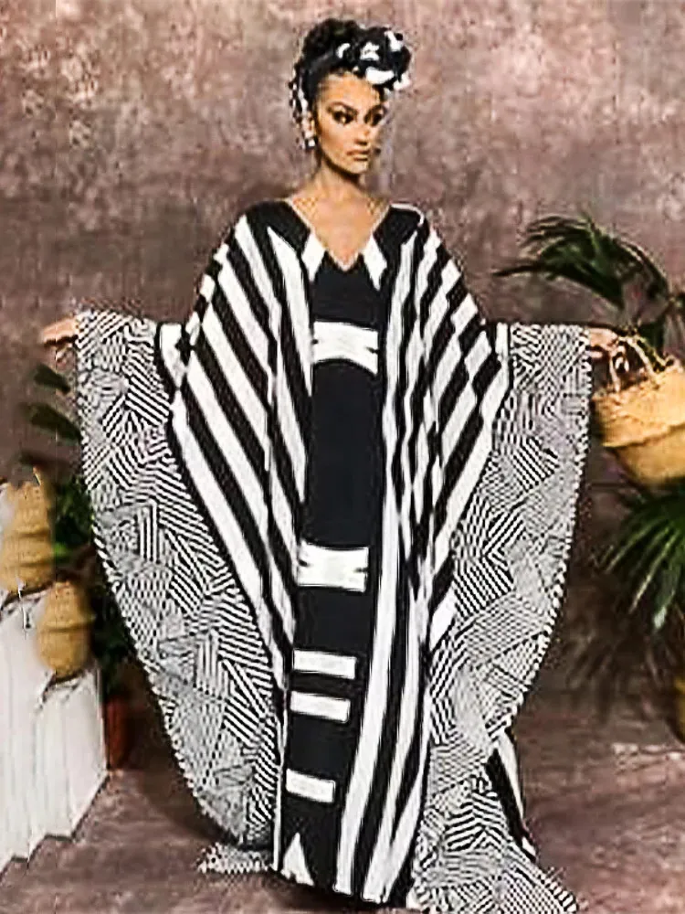 2023 Indie Folk rayé grande taille longue caftan décontracté col en V été Maxi Dres vêtements de plage maillot de bain couvrir A1055 240320