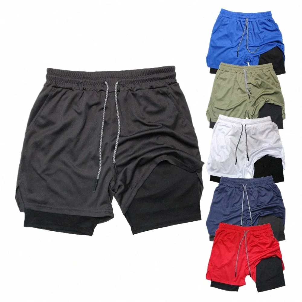 Double Layer Fitn Shorts Heren Men Fitn Gym Training 2 In 1 Sports Shorts Quick Dry Training Jogging Double Deck Summer Z2XQ#