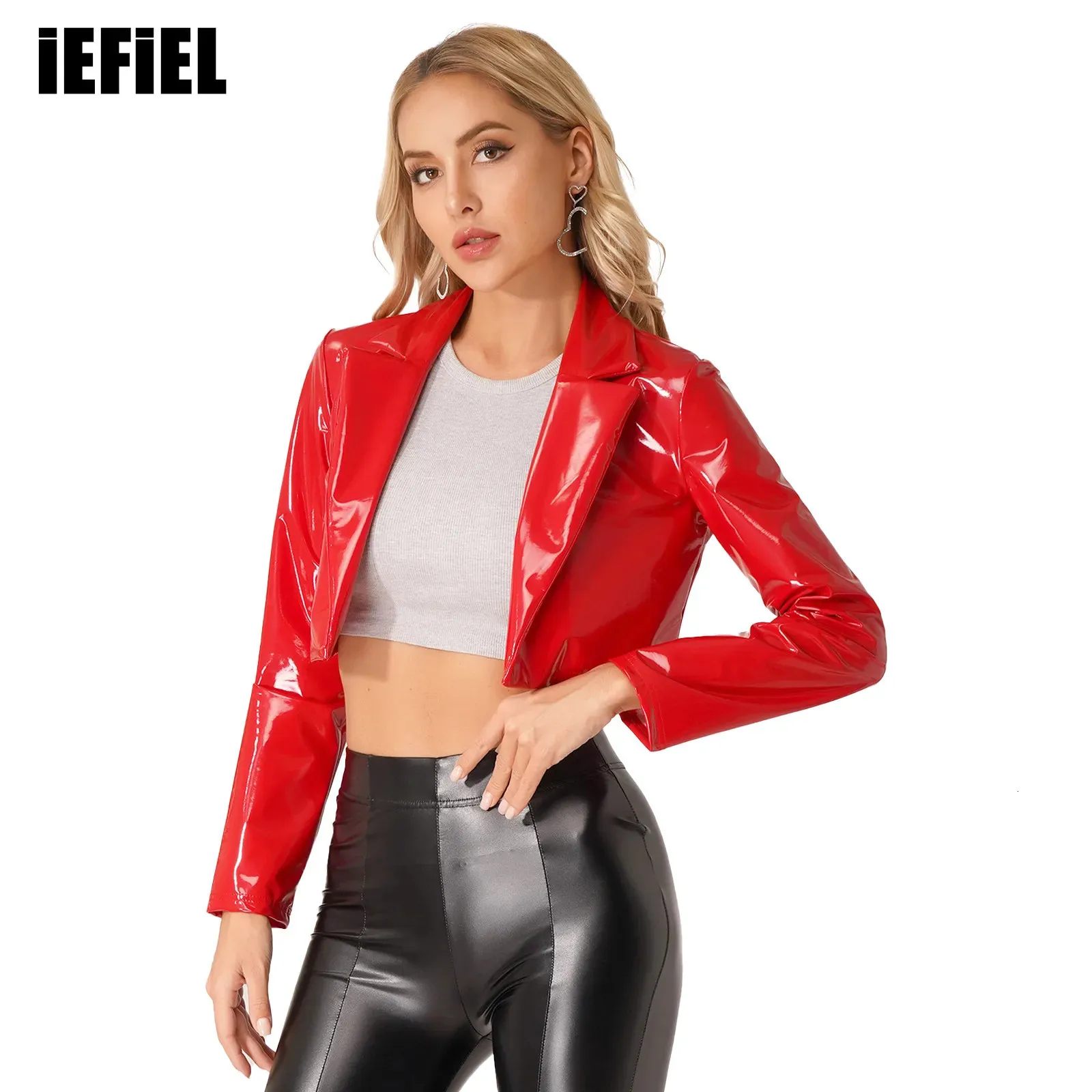 Womens Fashion Lapel Patent Leather Jacket Wet Look Long Sleeve Cropped Coat for Party Club Music Festival 240326