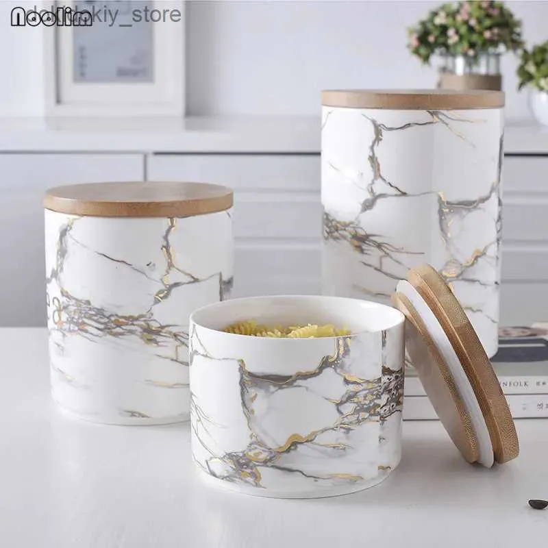 Food Jars Canisters NOOLIM Nordic Marble Pattern Ceramic Wooden Lid Sealed Storage Tank Storage Tank Dry Fruit Rain Tea Food Storage TankL24326