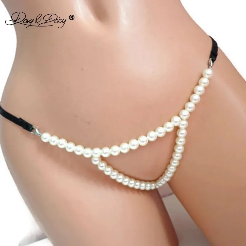 DAVYDAISY Women Faux Pearl Thong Beads Panties Erotic Open Crotch Lingerie GStrings Crotchless Adult Sexy Underwear UN609 240311