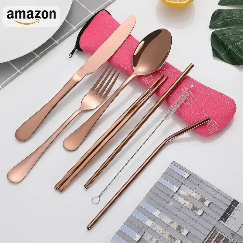 2024 /Set Dinnerware Portable Printed Knifes Fork Spoon Stainless Steel Family Camping Steak Cutlery Tableware with Bag