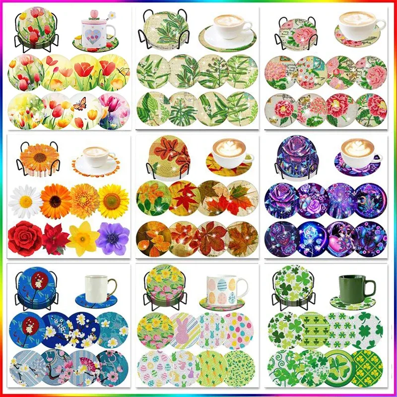 Stitch 8pc/sets DIY Diamonds Painting Coaster Kits Fresh Flower NonSlip Rhinestone Mosaic Embroidery Diamond Art Craft Adults Gift