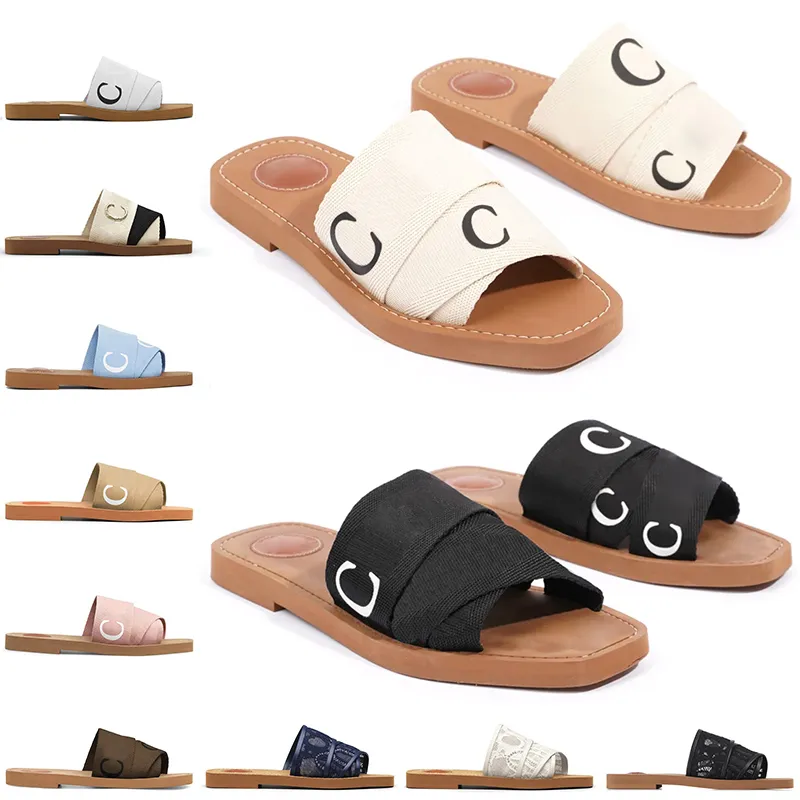 2024 Designer Sandálias Woody para Mulheres Mules Flat Slides Light Tan Bege Branco Preto Rosa Lace Lettering Tecido Chinelos de Lona Mulheres Verão Sapatos Ao Ar Livre