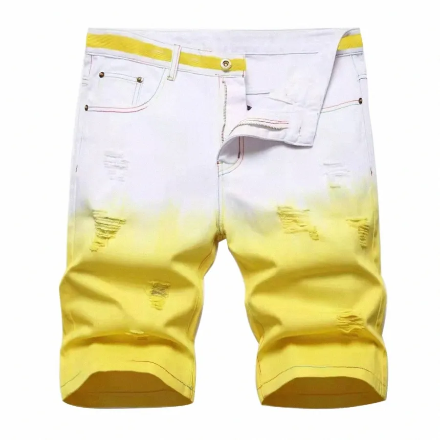2022 Summer New Men Denim Shorts Fi Fancy Gradient Color Jeans High Quality Elastic Ripped Slim Fit Straight Denim Shorts 41WL#