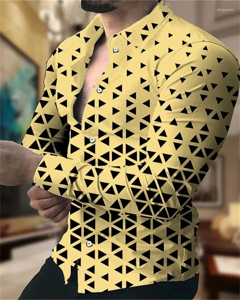 Camisas casuais masculinas camisa terno lapela geométrica quadrada xadrez ao ar livre manga longa botão impressão roupas designer e confortável