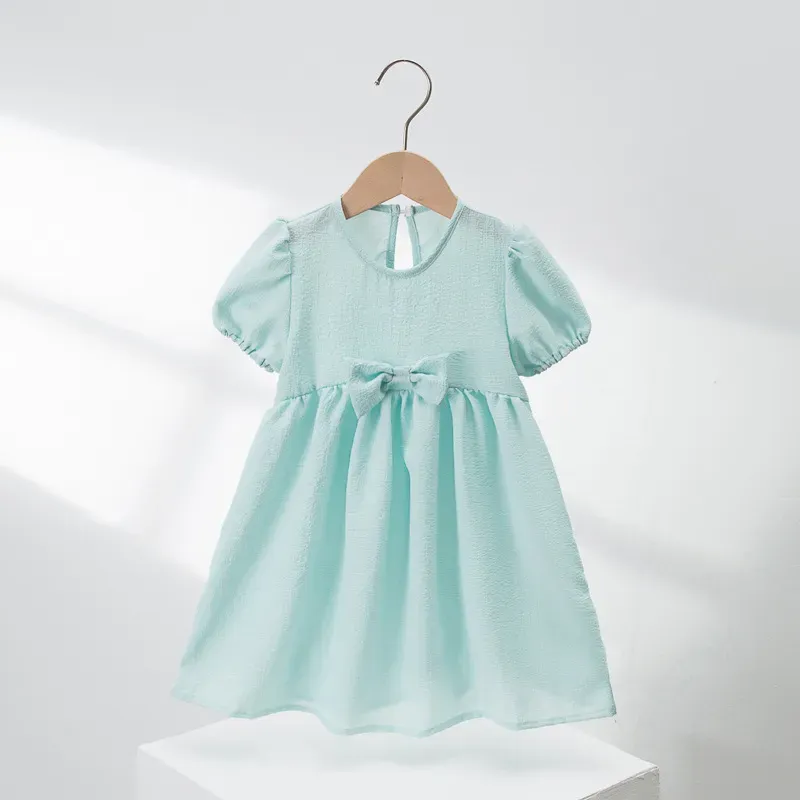 Summer Kids Girls Bow Dress Puff Sleeve Macaron Color Children Princess Dresses Clothes M4146