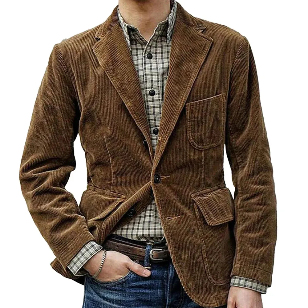 Mens Autumn and Winter Retro Polyester Ultra-Thin Button Set Jacket Business Jacka Casual Fashion Solid Color Set 240326