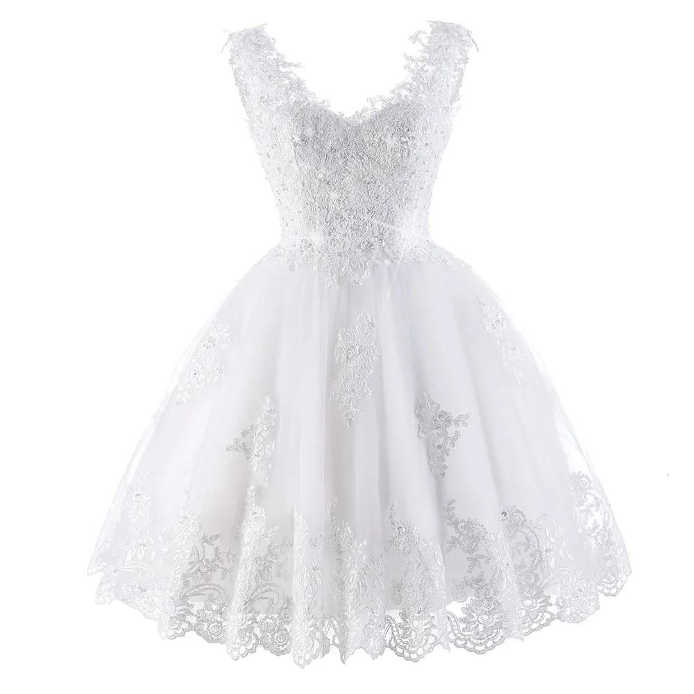 Robe de mariée courte en Tulle pour femmes, col en v, avec des Appliques de perles, longueur aux genoux, robe de soirée, 2024