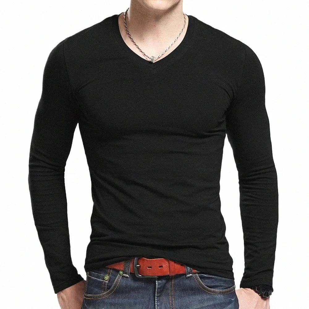 Lycra cott hommes lg manches v cou t-shirt 2024 MRMT les hommes d'automne T cott T-shirt slim solide t-shirt serré M6rq #