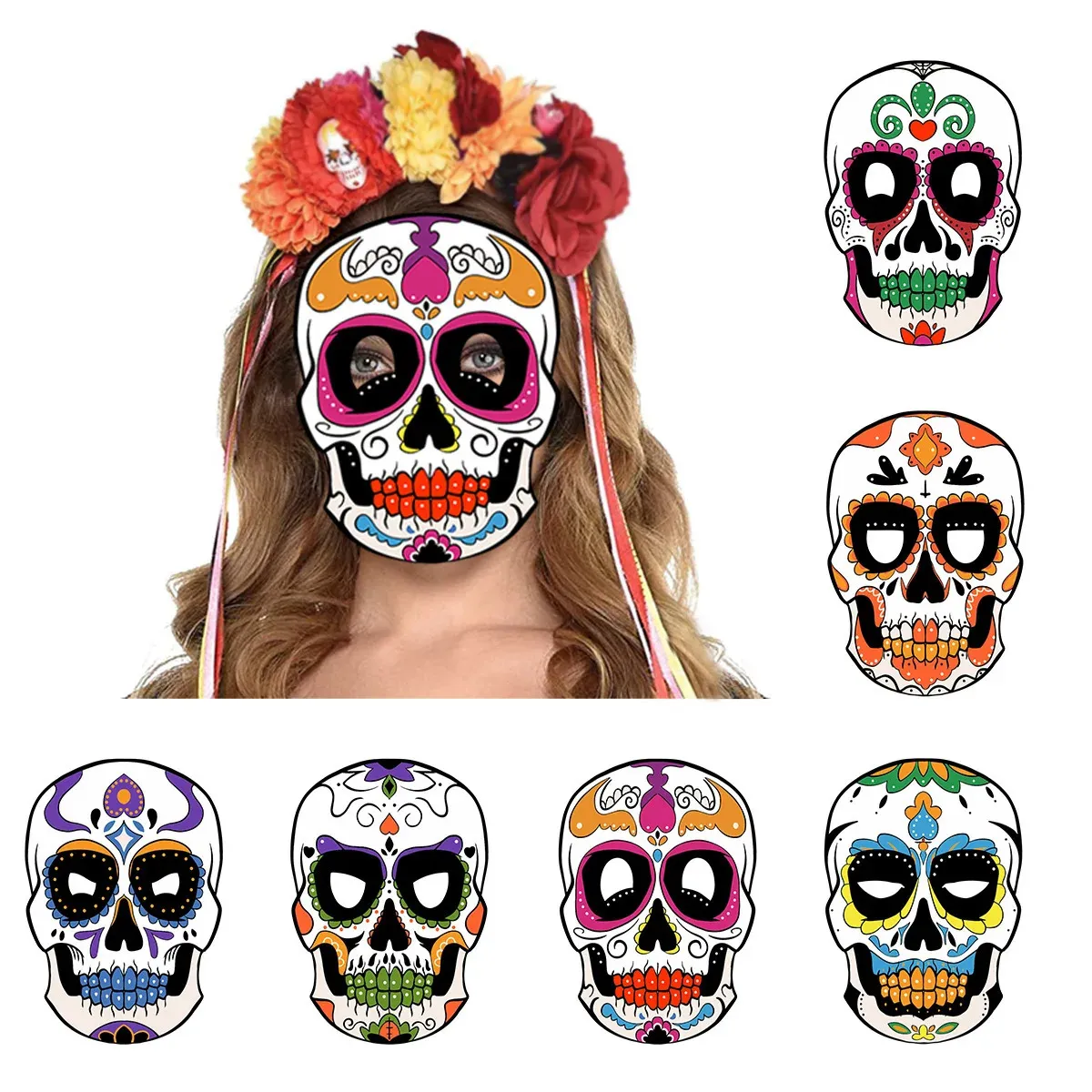 6Pcs Colorful Paper Skull Dress Up Party Face Masks for Mexican Day of The Dead Theme Party Halloween Masquerade Decoration 240326