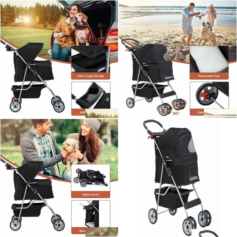 Pies Travel Outdoors 4 Wheels Pet Stroller Cat Cage Folding Carrier Black QQPQ5671131 Drop dostawa domowy zapasy ogrodowe OTN6N