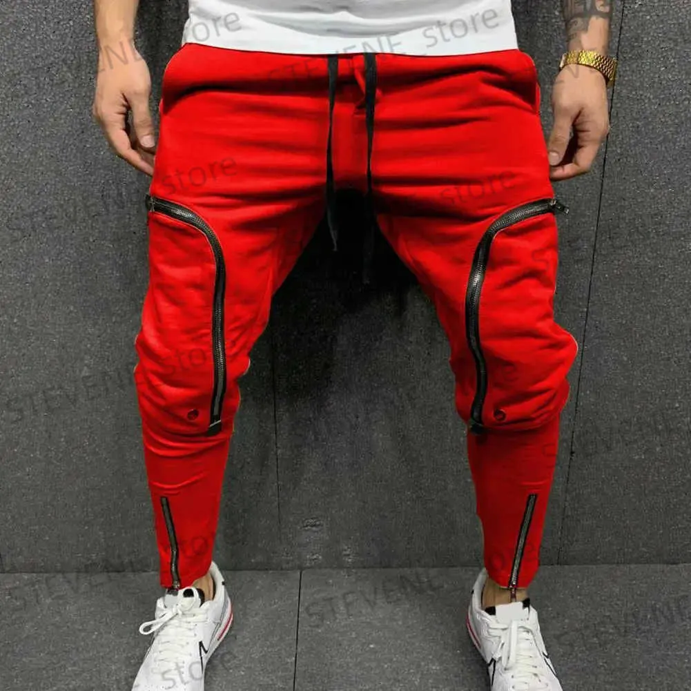 Herenbroeken Cargobroeken Heren Mode Effen Kleur Trekkoord Casual Multi Ritsen Zakken Broek Hip Hop Stijl Heren Harembroek Strtwear T240326