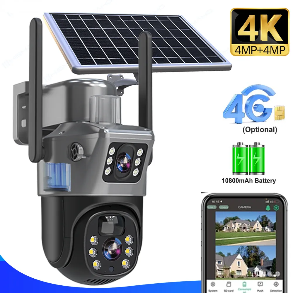 4k 8mp 4g cartão sim bateria solar câmera ao ar livre sem fio wifi ip cam lente dupla tela dupla proteção de segurança vigilância cctv