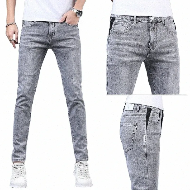 fiable Men's Luxury New Gray Solid Denim Pants Slim Fit Tretch Drsigner Skinny Jeans for Summer Casual Wear j9Fa#