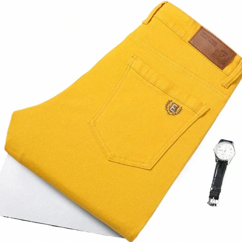 Style classique hommes rouge jaune rose Jeans Fi Busin décontracté droit Denim Stretch pantalon mâle marque pantalon m3jn #