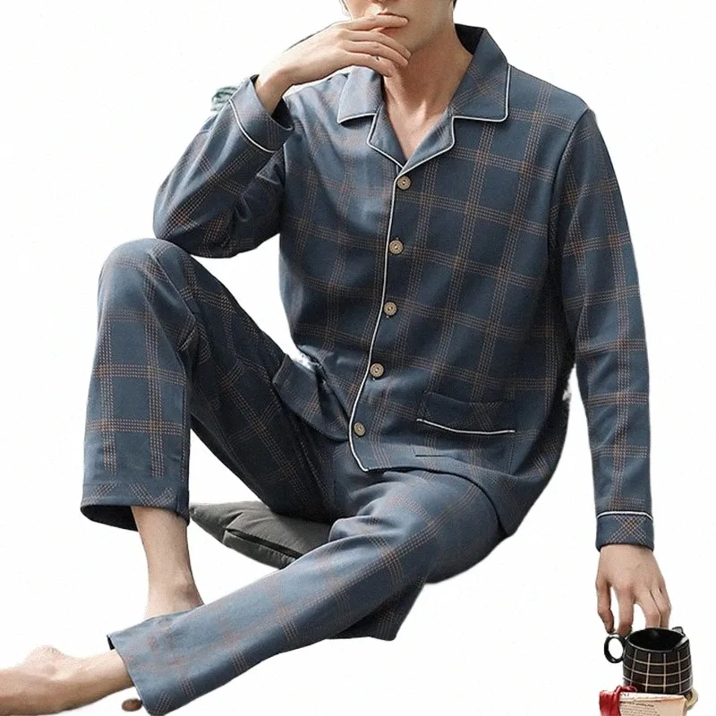 Primavera Autunno Nuovo Plaid Cott Pigiama Casual Plaid Pigiama Uomo Lg Manica Sleepwear Traspirante Comodo Homewear Suit 25hV #