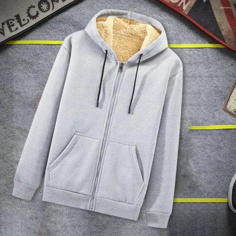 Men's Hoodies Men Winter Coat Thick Soft Plush Hooded Zip Up Cardigan Long Sleeve Solid Color Drawstring Pockets Casual Plus Size Jacket