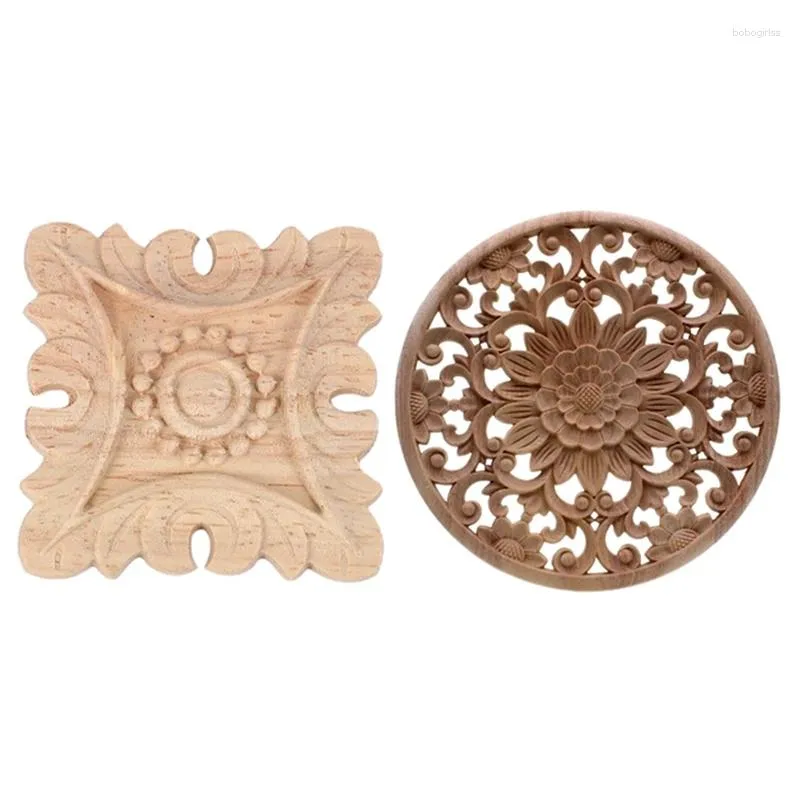 Figurines décoratives 2x bois non peint sculpté coin Onlay Applique cadre fond meubles de maison mur armoire porte décor décoration